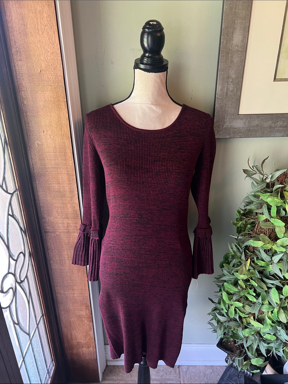 Nina Leonard Maroon Knit Bell-Sleeve Sweater Dress